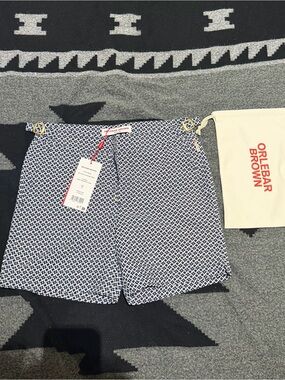 Orlebar Brown Navy and White Geometric Swim Trunks